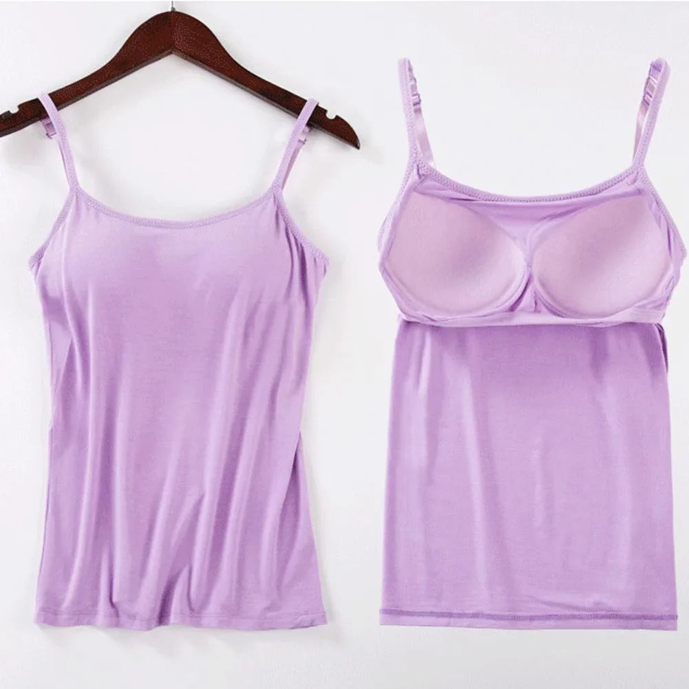 Solid Tank Tops Adjustable Strap Built In Cup Padded Wireless Camisole Camis Vest