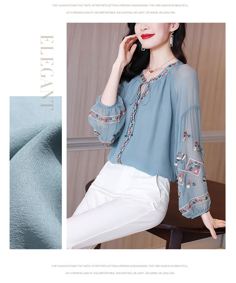 Embroidered Chiffon Lantern-Sleeve Blouse