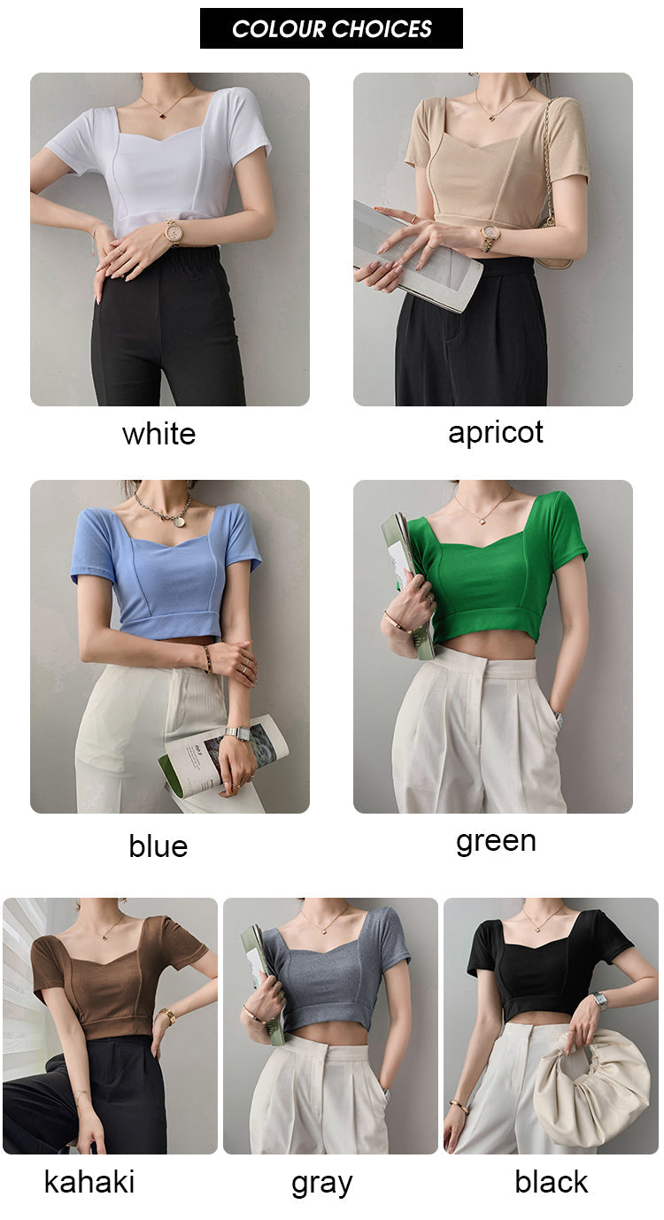 French Clavicle Square Collar Tops Women High Waist Croped Top Short Sleeve T-shirt Female
