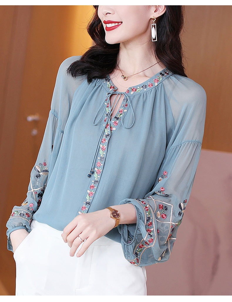 Embroidered Chiffon Lantern-Sleeve Blouse