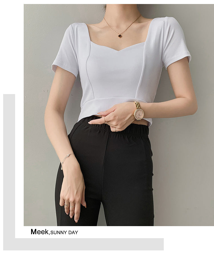 French Clavicle Square Collar Tops Women High Waist Croped Top Short Sleeve T-shirt Female