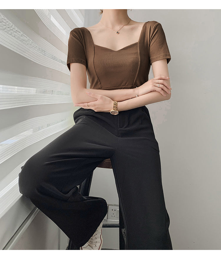 French Clavicle Square Collar Tops Women High Waist Croped Top Short Sleeve T-shirt Female