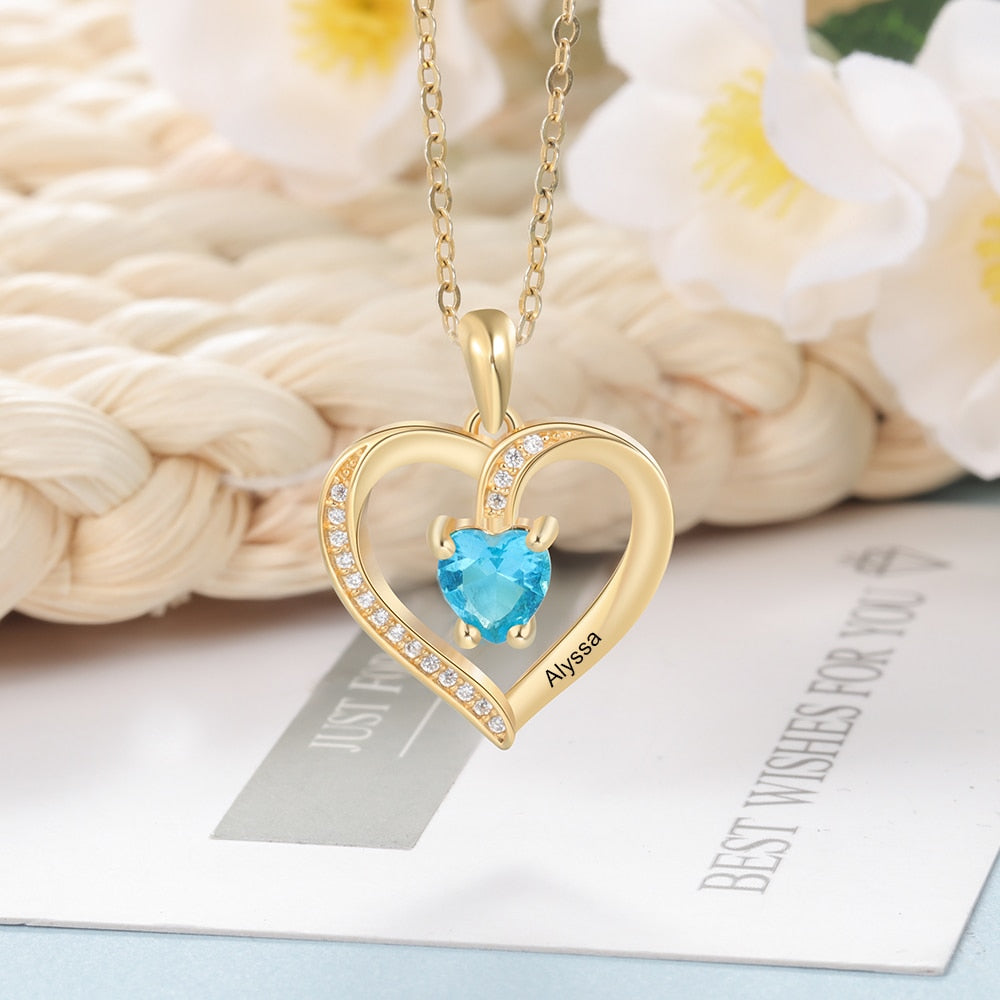 Engrave Name Heart Pendants with Customize Birthstone Necklace