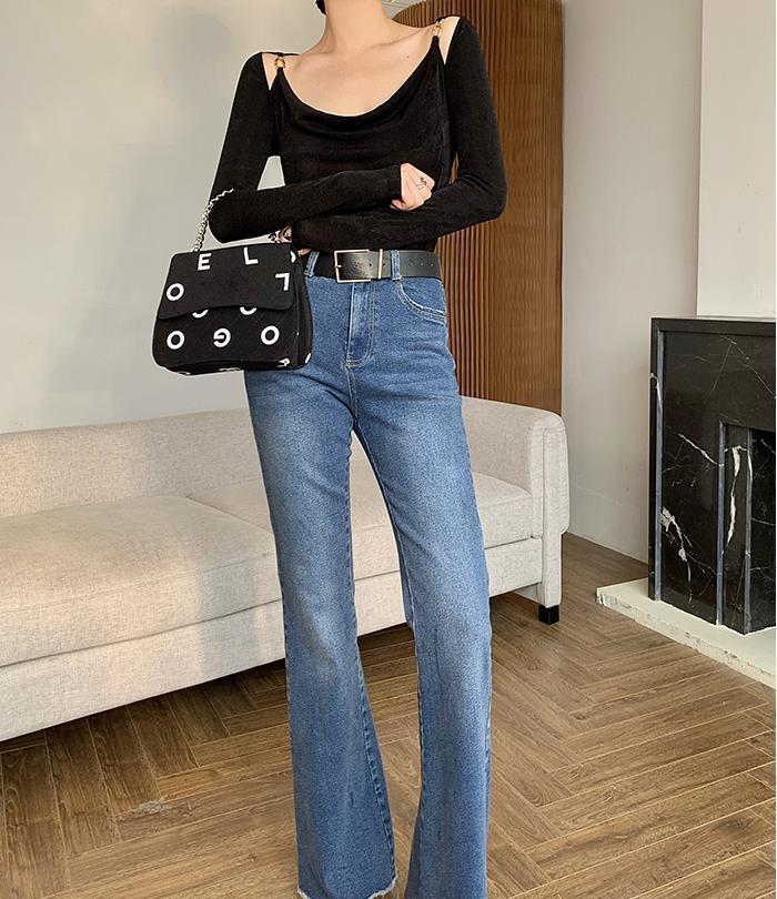 Sexy Swing Collar Cropped Tops Women Autumn  Metal Design Skinny Long Sleeve T-Shirt Outwear