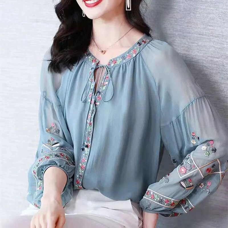 Embroidered Chiffon Lantern-Sleeve Blouse