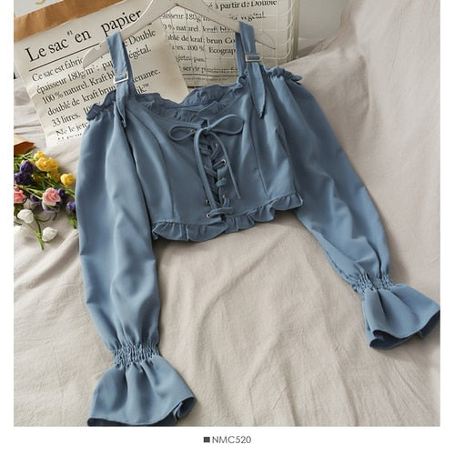 French Bandage Off Shoulder Ruffle Top Female Elegant Long Sleeve Shirt Y2k