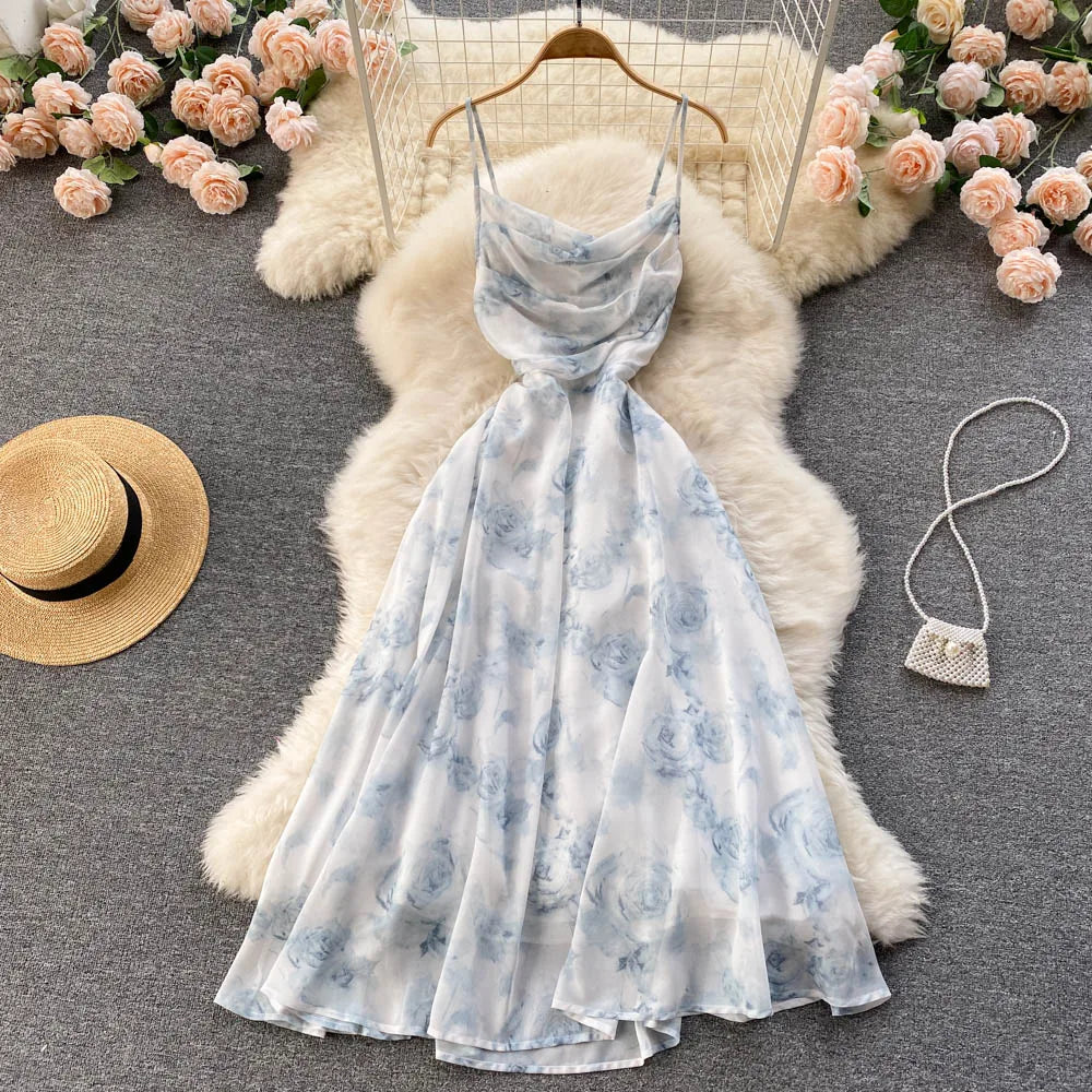 Floral Spaghetti Strap Dress Elastic Ruched Sexy Hollow Backless Party Dress