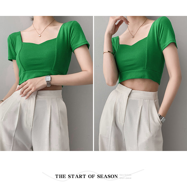 French Clavicle Square Collar Tops Women High Waist Croped Top Short Sleeve T-shirt Female