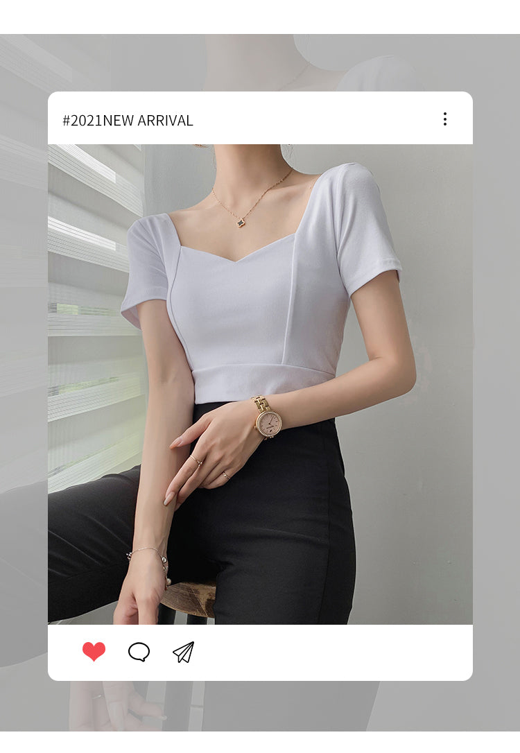French Clavicle Square Collar Tops Women High Waist Croped Top Short Sleeve T-shirt Female