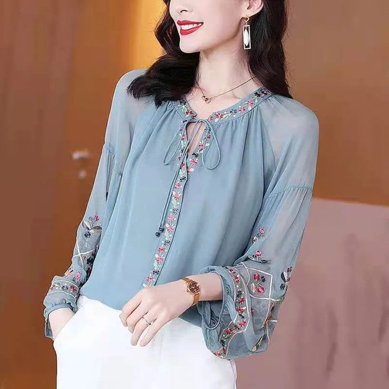 Embroidered Chiffon Lantern-Sleeve Blouse