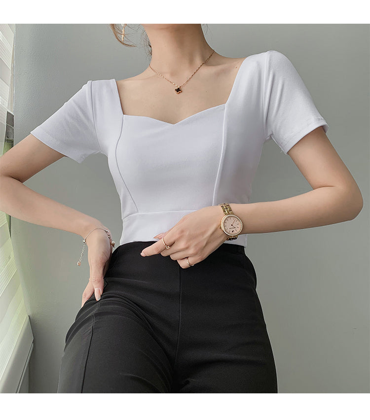 French Clavicle Square Collar Tops Women High Waist Croped Top Short Sleeve T-shirt Female