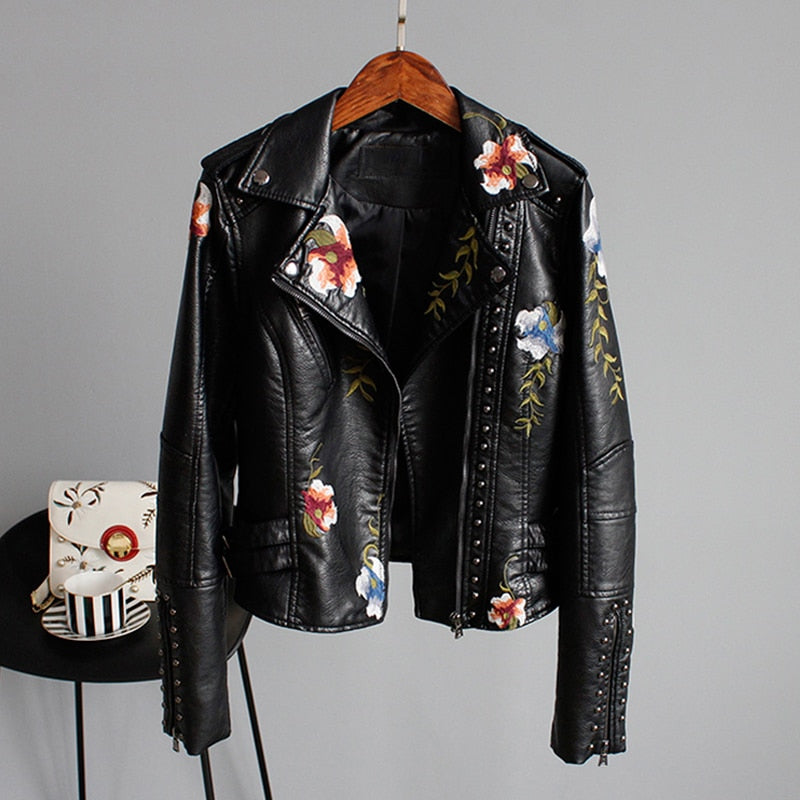 Floral Print Embroidery Faux Soft Leather Jacket Women Pu Motorcycle Coat
