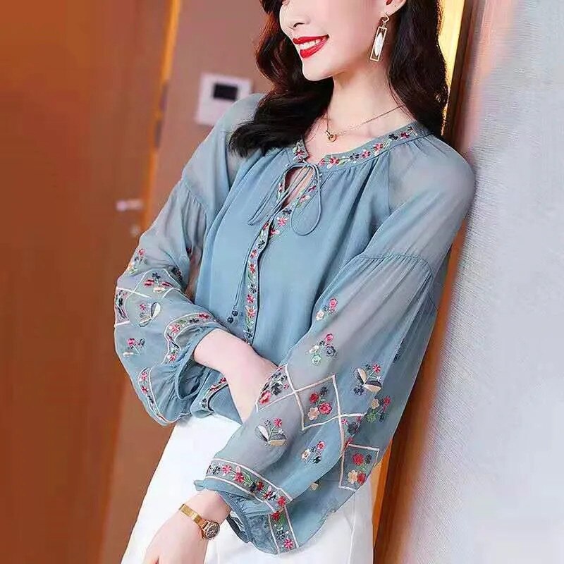 Embroidered Chiffon Lantern-Sleeve Blouse