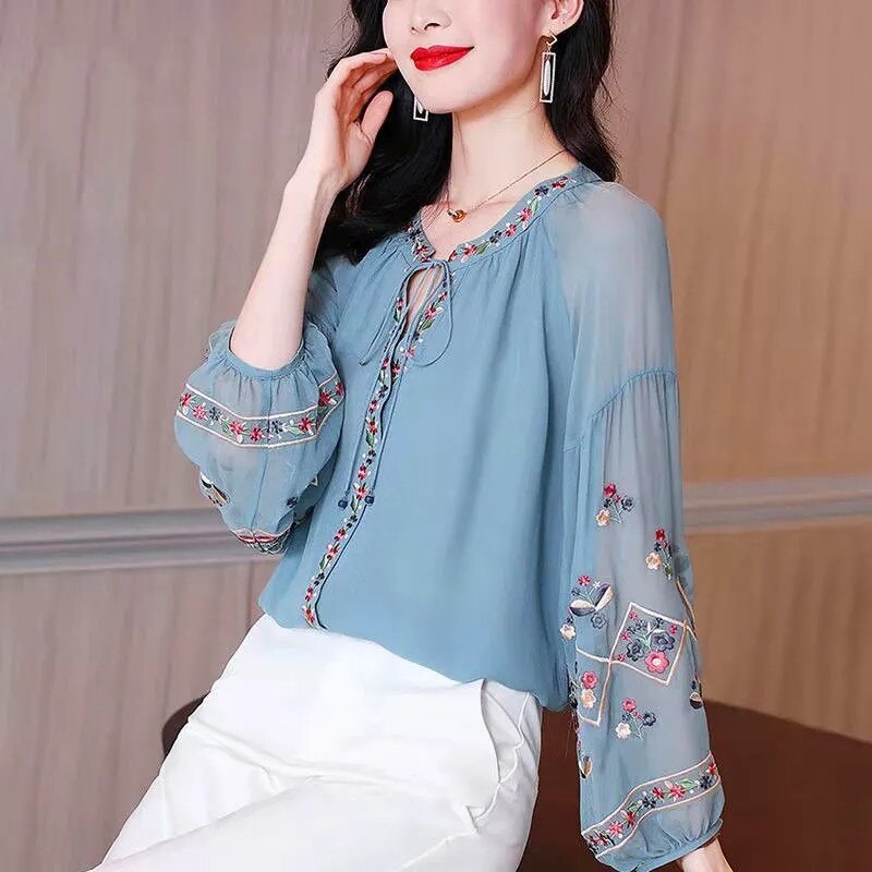 Embroidered Chiffon Lantern-Sleeve Blouse