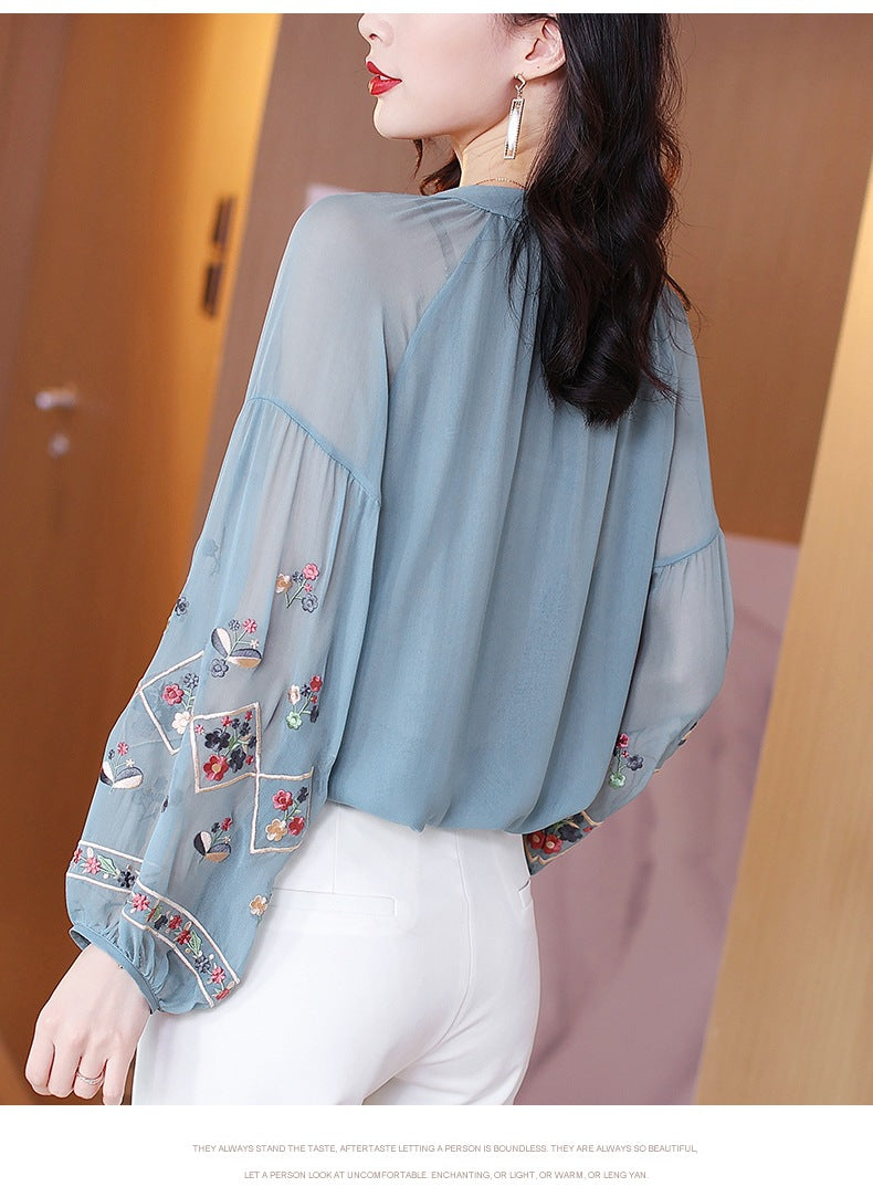 Embroidered Chiffon Lantern-Sleeve Blouse