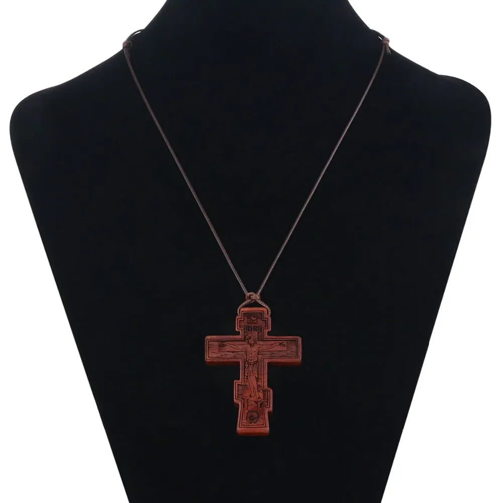 INRI red and black wood cross necklace rope chain religious