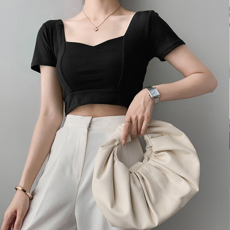 French Clavicle Square Collar Tops Women High Waist Croped Top Short Sleeve T-shirt Female