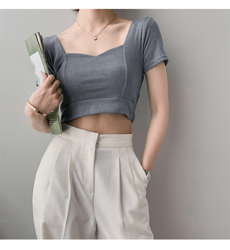 French Clavicle Square Collar Tops Women High Waist Croped Top Short Sleeve T-shirt Female