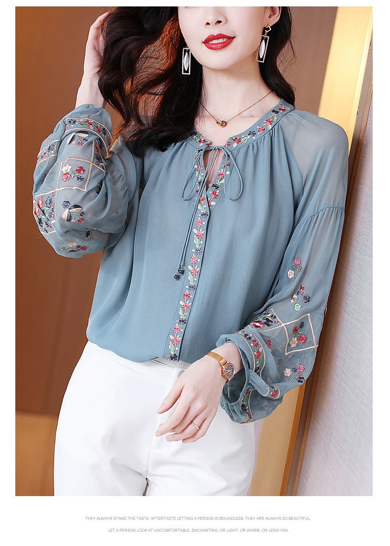 Embroidered Chiffon Lantern-Sleeve Blouse