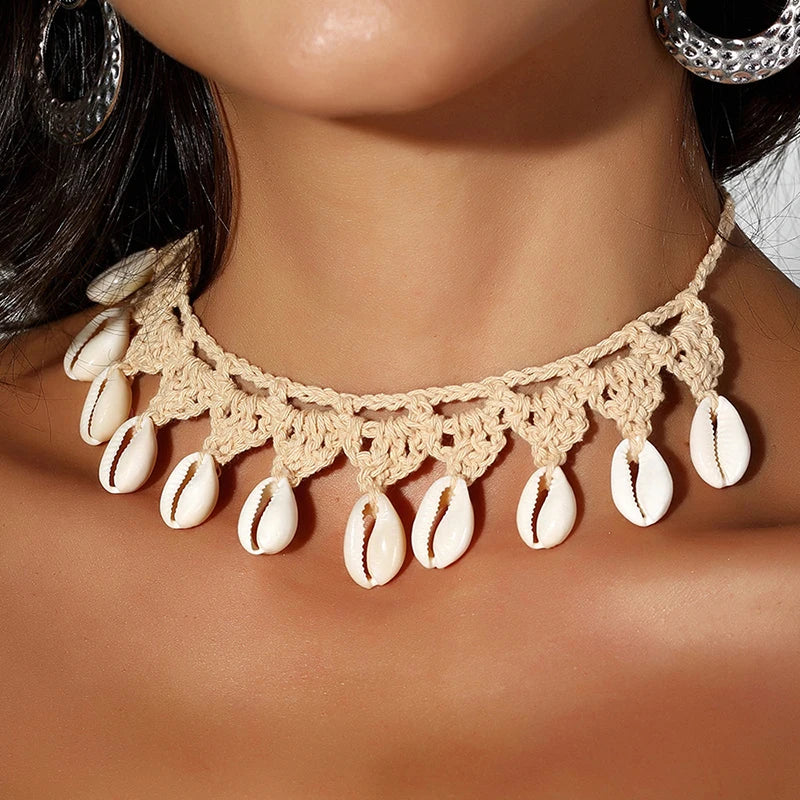 Shell Choker Necklace Natural Sea Cowrie Shell Rope Chain Choker Necklace