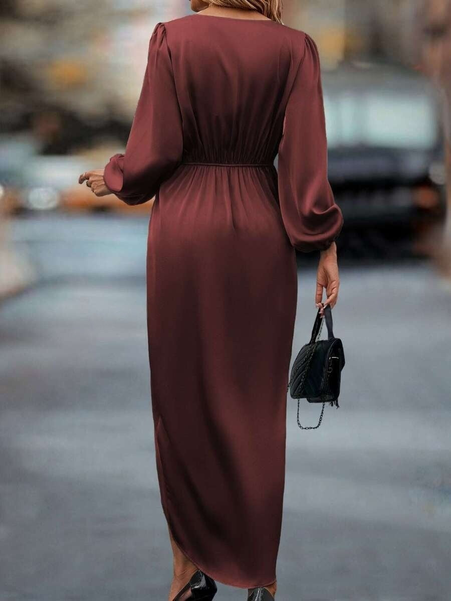 Long-Sleeve Satin Slit Dress