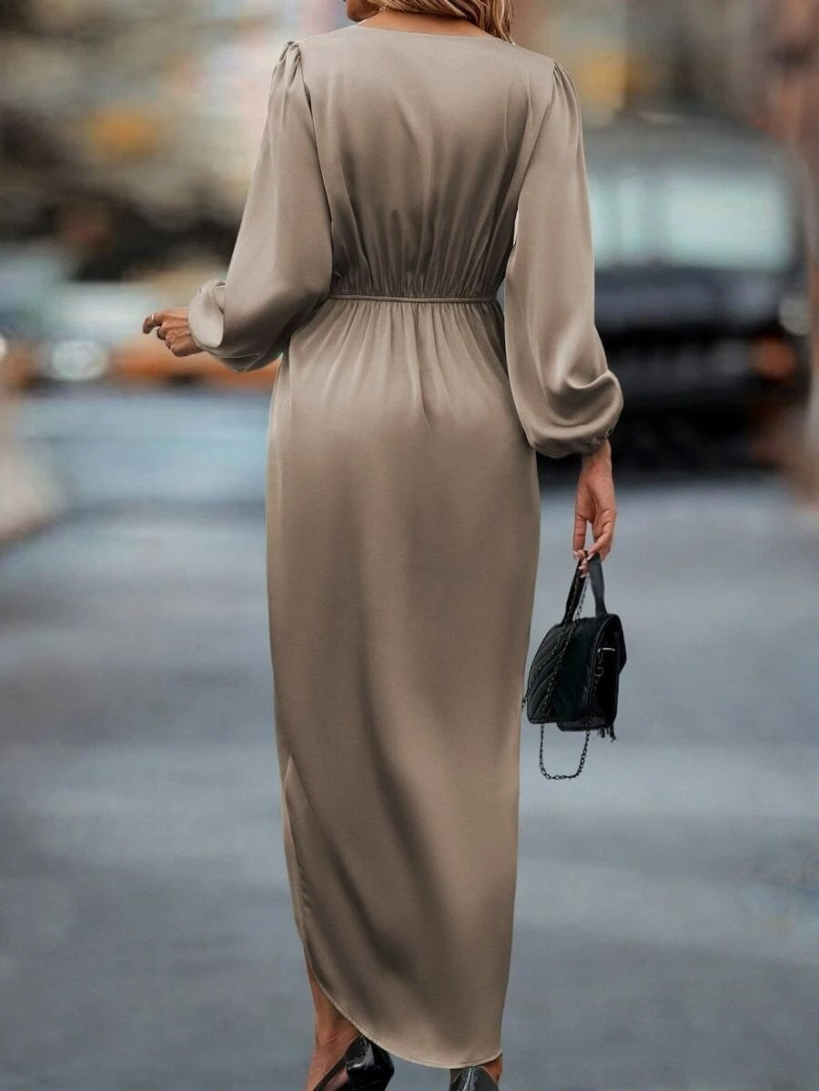 Long-Sleeve Satin Slit Dress