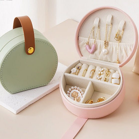 PU leather portable round jewelry box