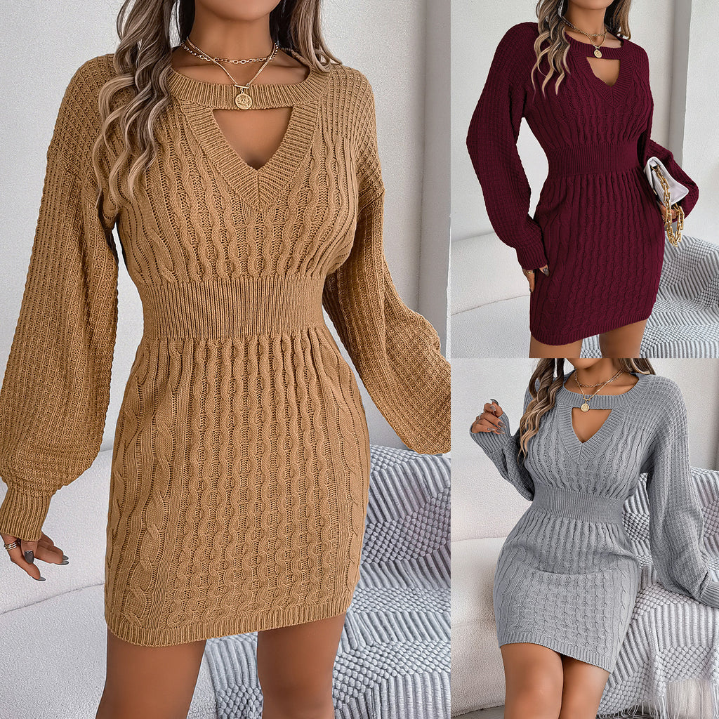 Twist Cutout Lantern-Sleeve Sweater Dress