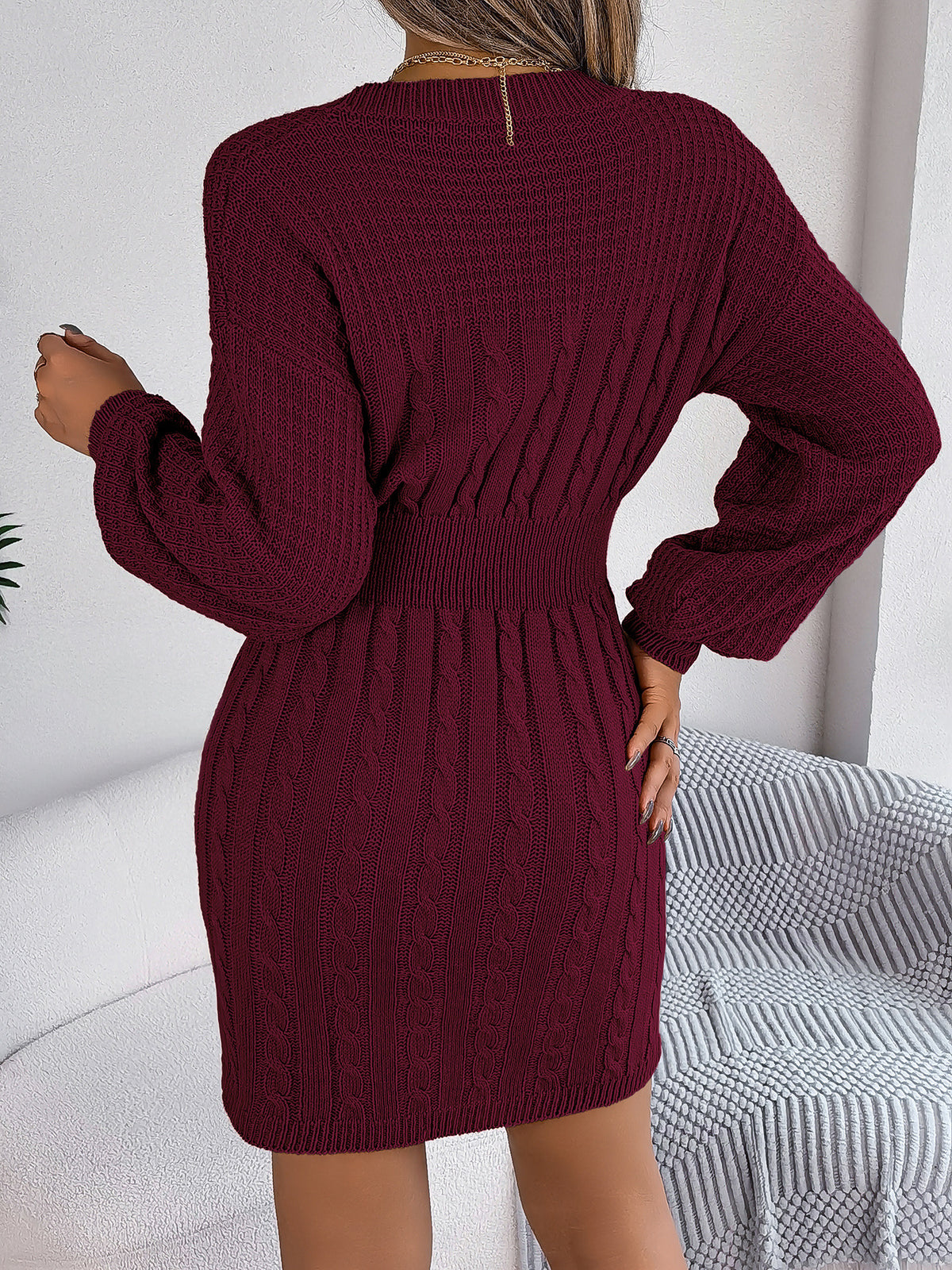 Twist Cutout Lantern-Sleeve Sweater Dress