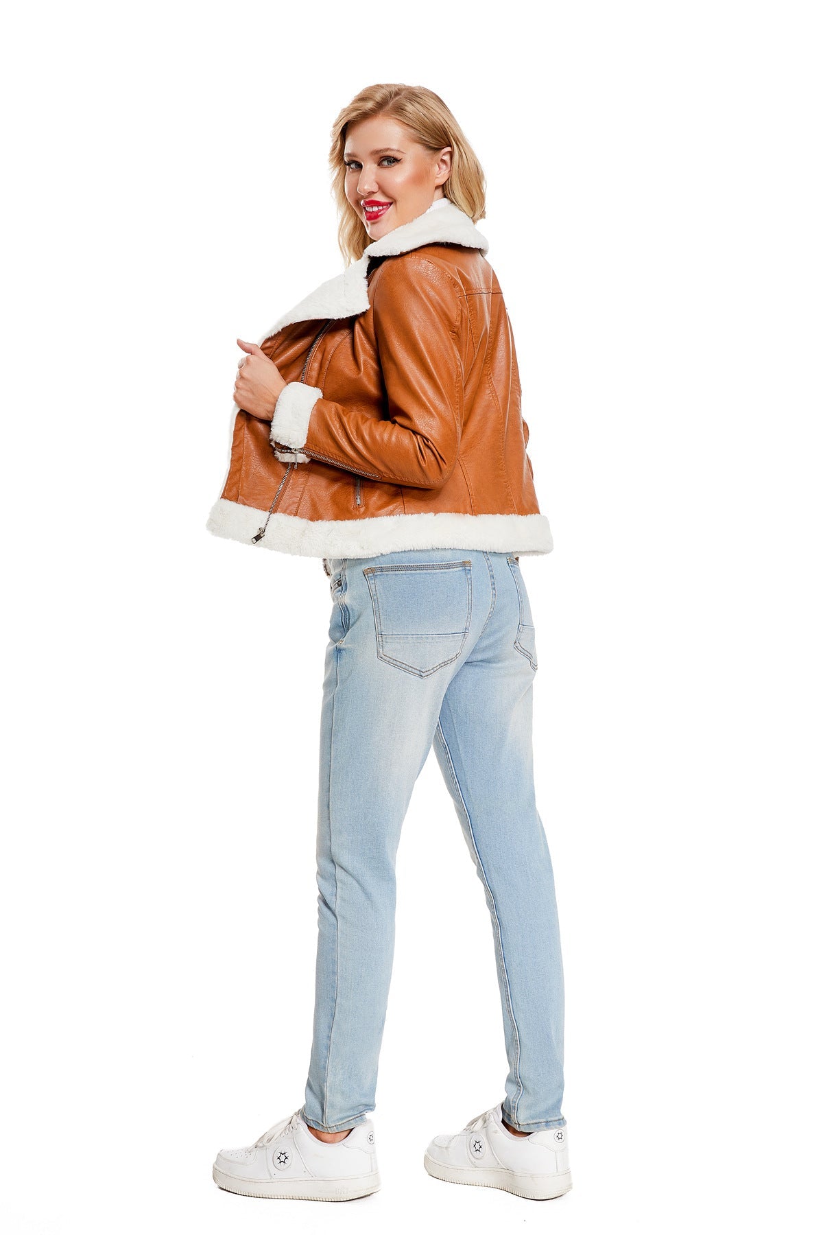 Faux Leather Long-Sleeve Lapel Jacket
