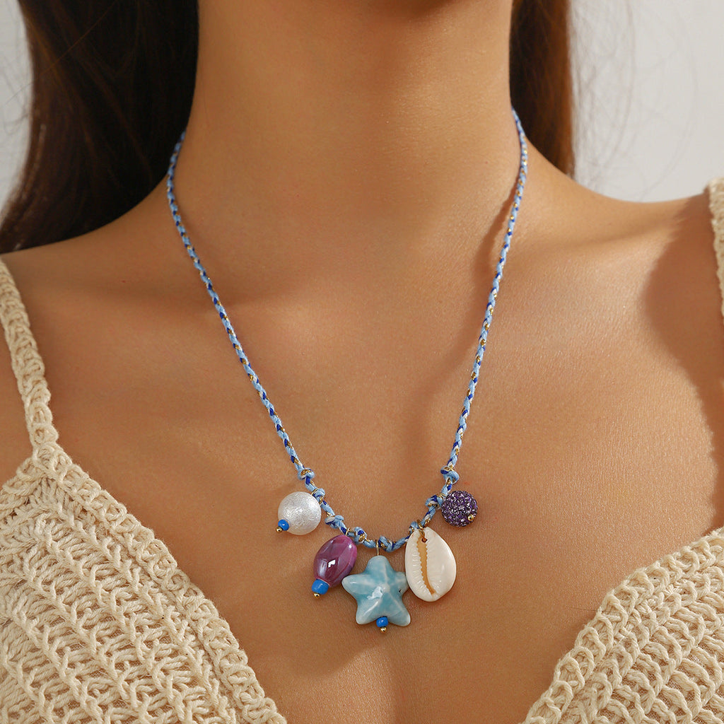 starfish shell necklace colorful rope braided ceramic necklace