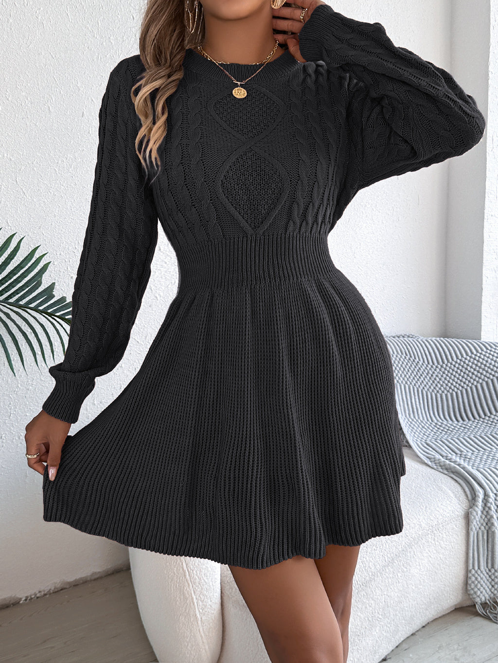 Twist-Waist Lantern-Sleeve Sweater Dress