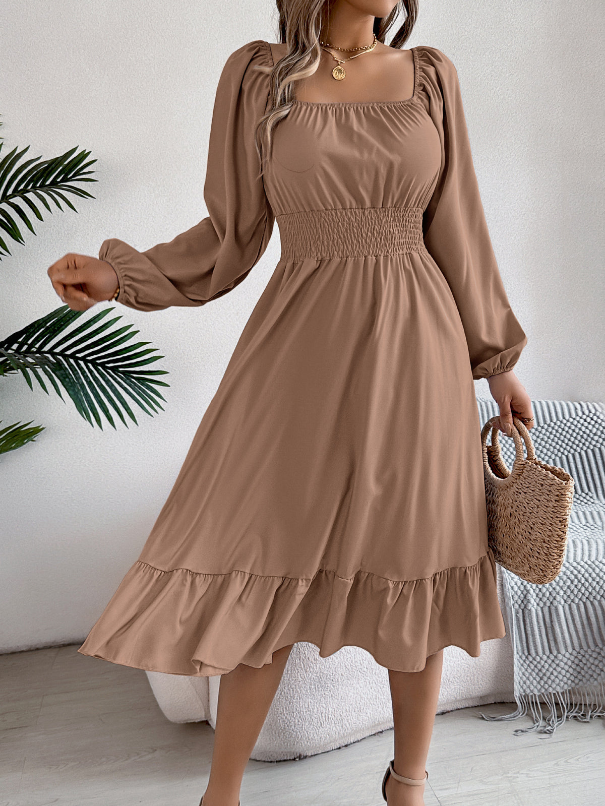 Square-Neck Ruffle A-Line Dress