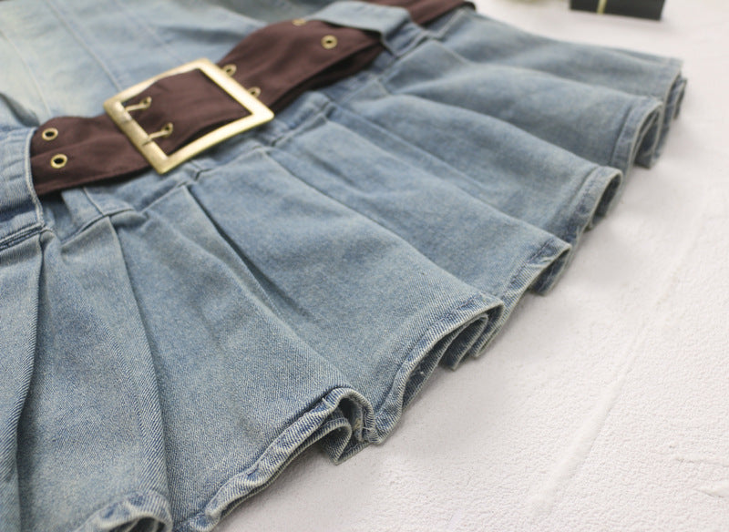 Pleated Denim Bandeau Dress with Belt