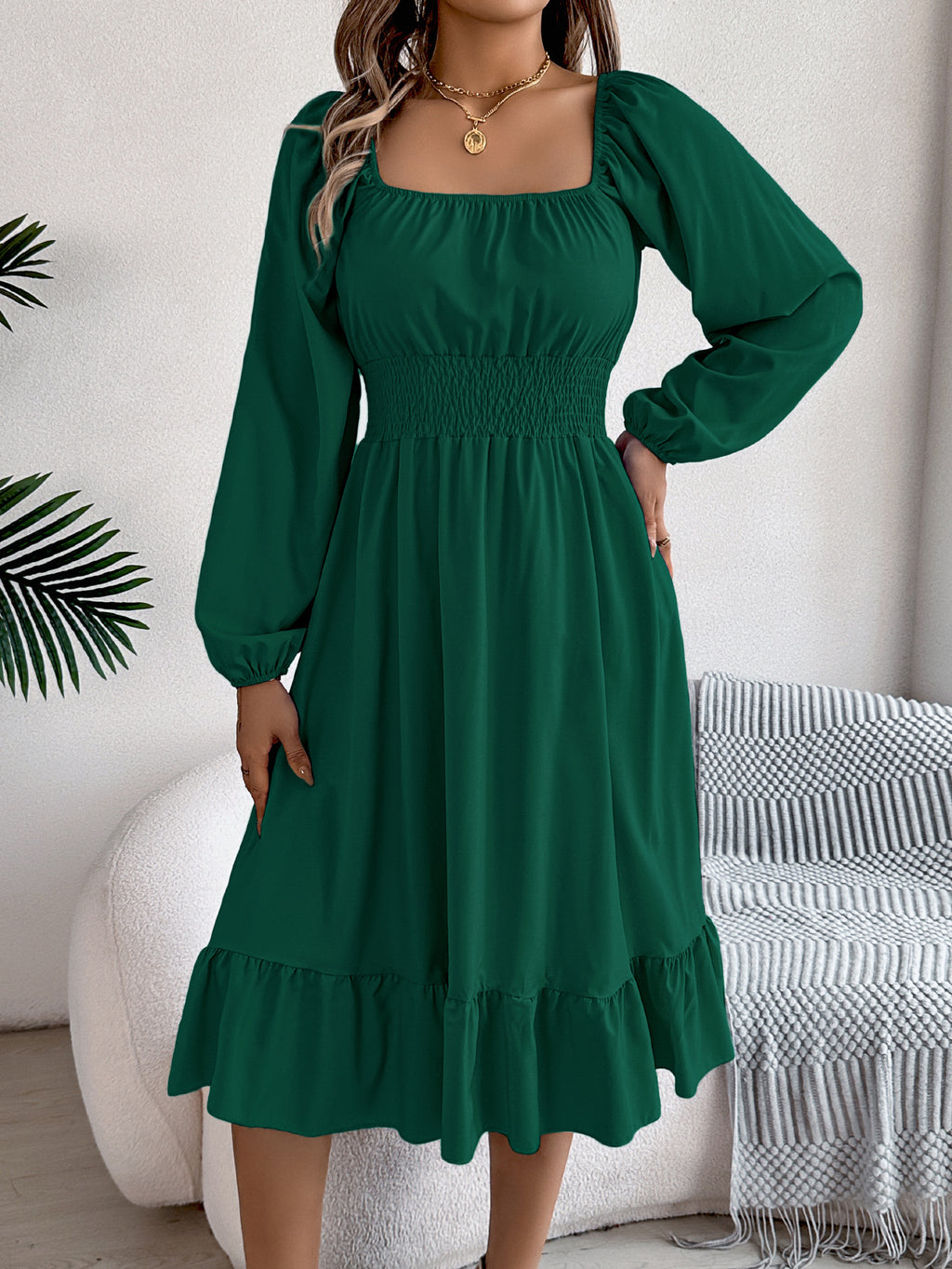 Square-Neck Ruffle A-Line Dress