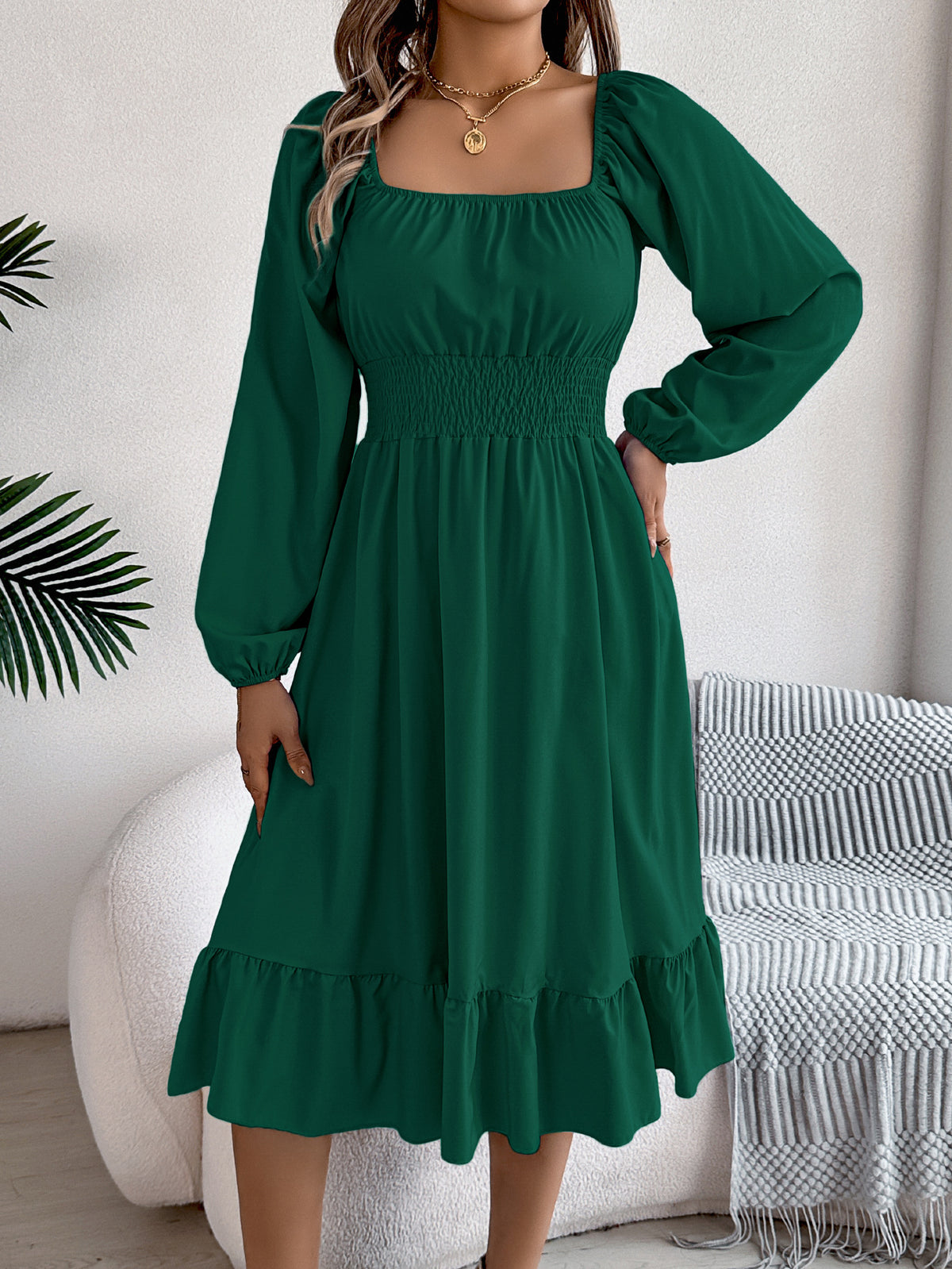 Square-Neck Ruffle A-Line Dress