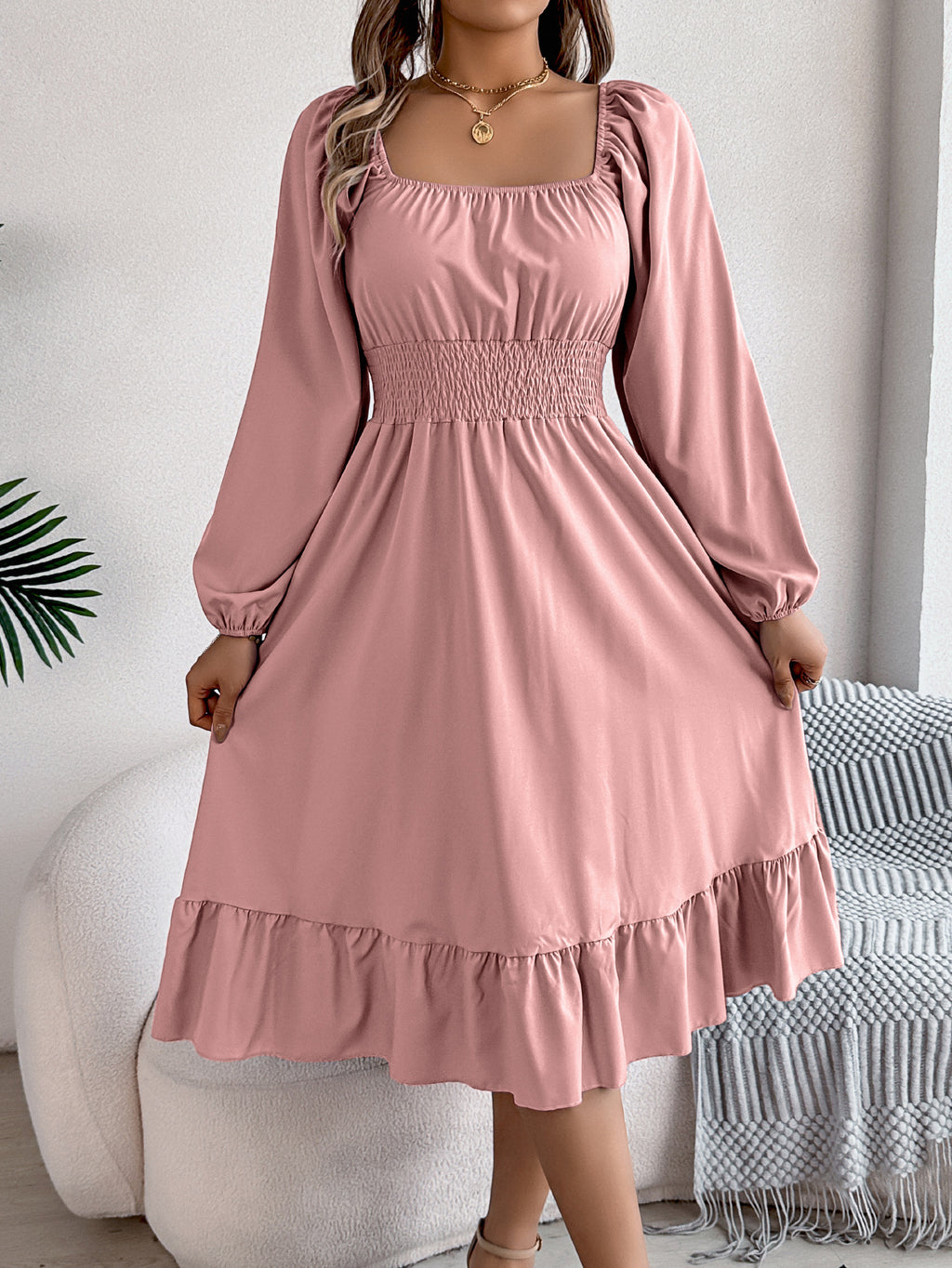Square-Neck Ruffle A-Line Dress