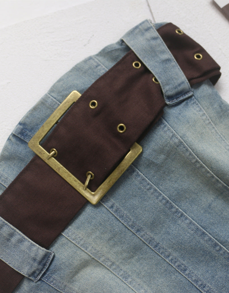 Pleated Denim Bandeau Dress with Belt