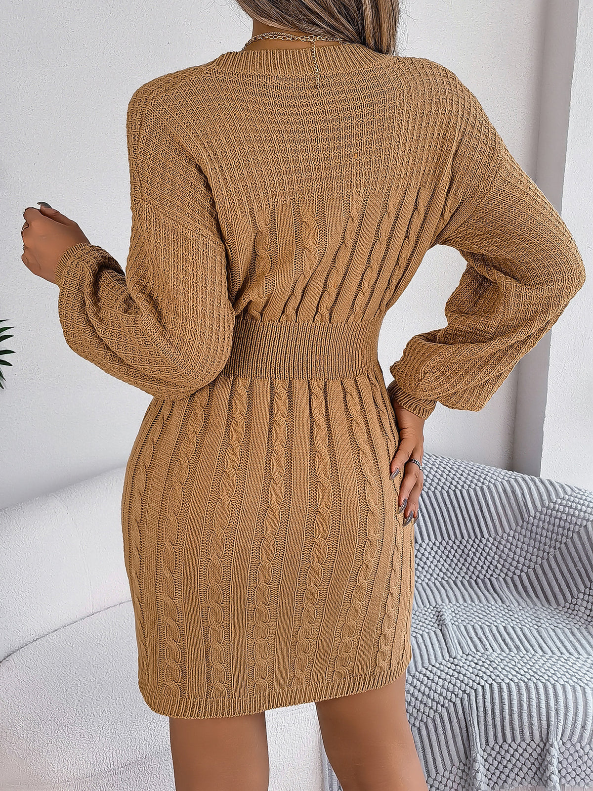 Twist Cutout Lantern-Sleeve Sweater Dress