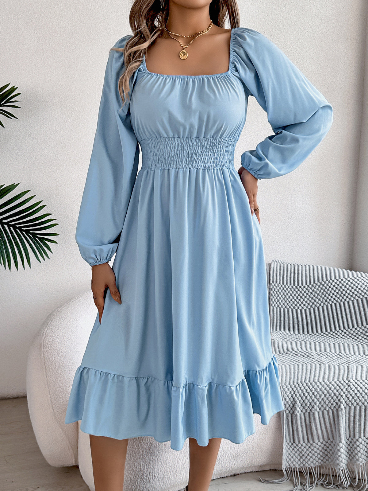 Square-Neck Ruffle A-Line Dress