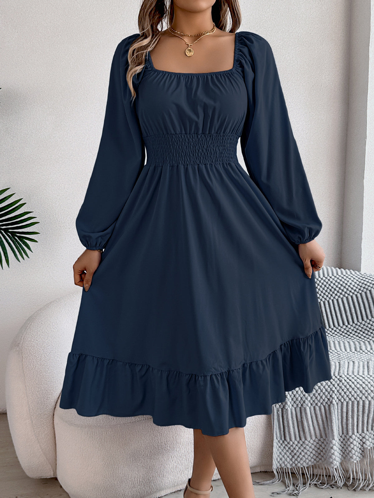 Square-Neck Ruffle A-Line Dress