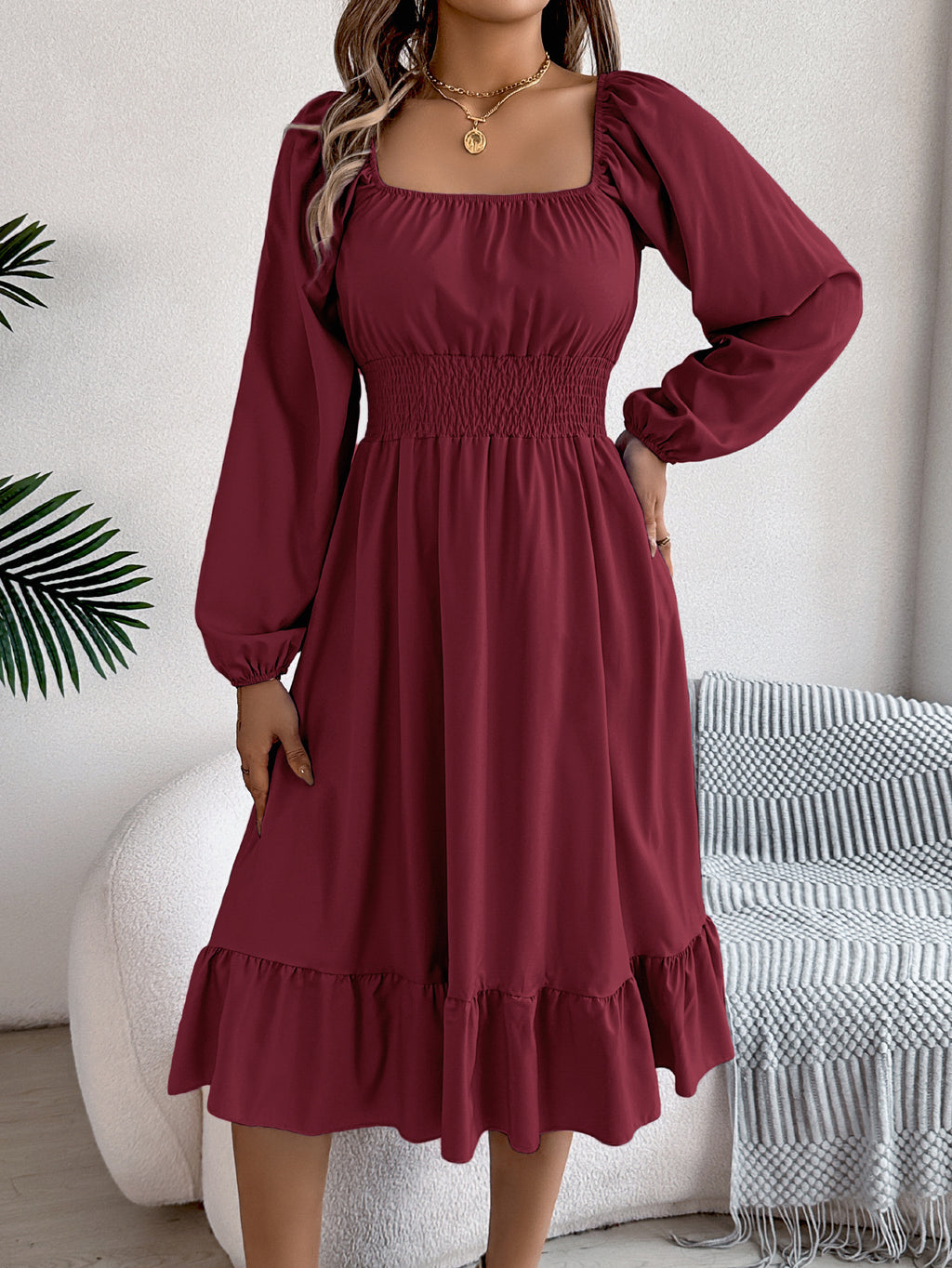 Square-Neck Ruffle A-Line Dress