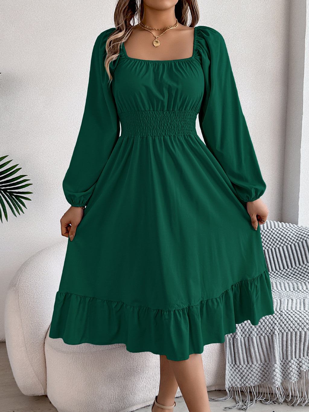 Square-Neck Ruffle A-Line Dress