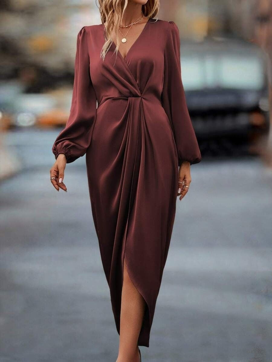 Long-Sleeve Satin Slit Dress