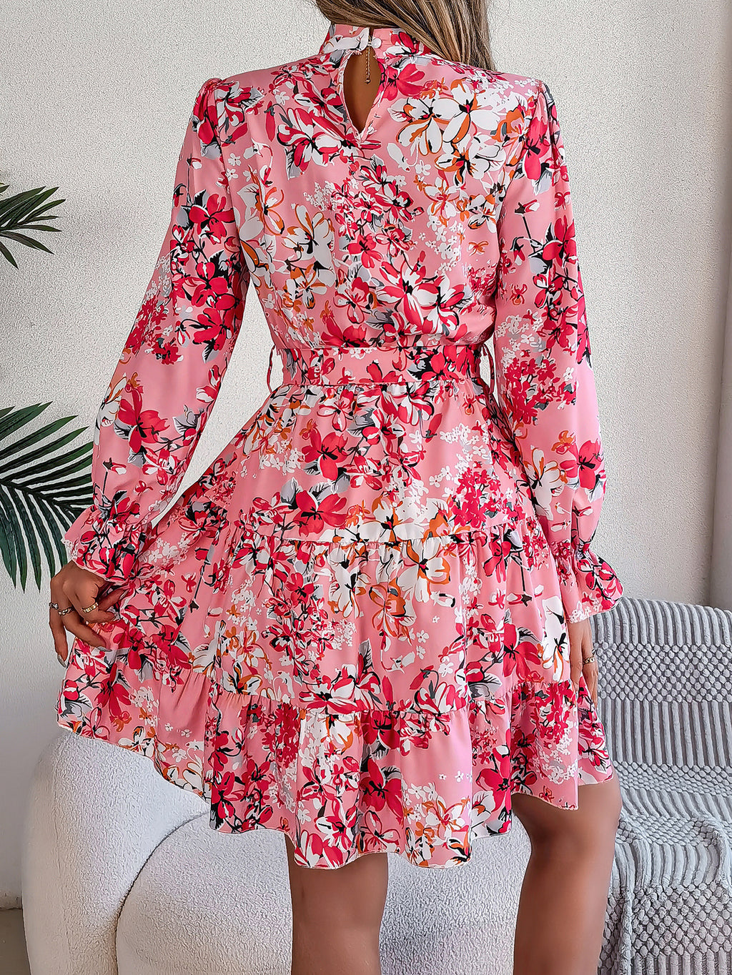 Floral Stand-Collar Ruffle Dress