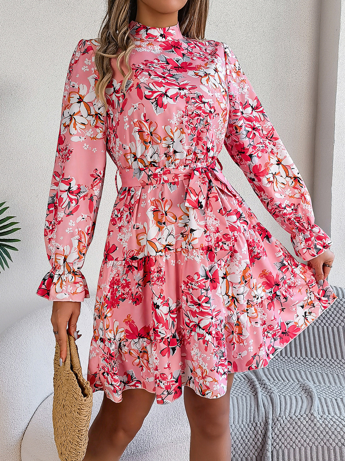 Floral Stand-Collar Ruffle Dress
