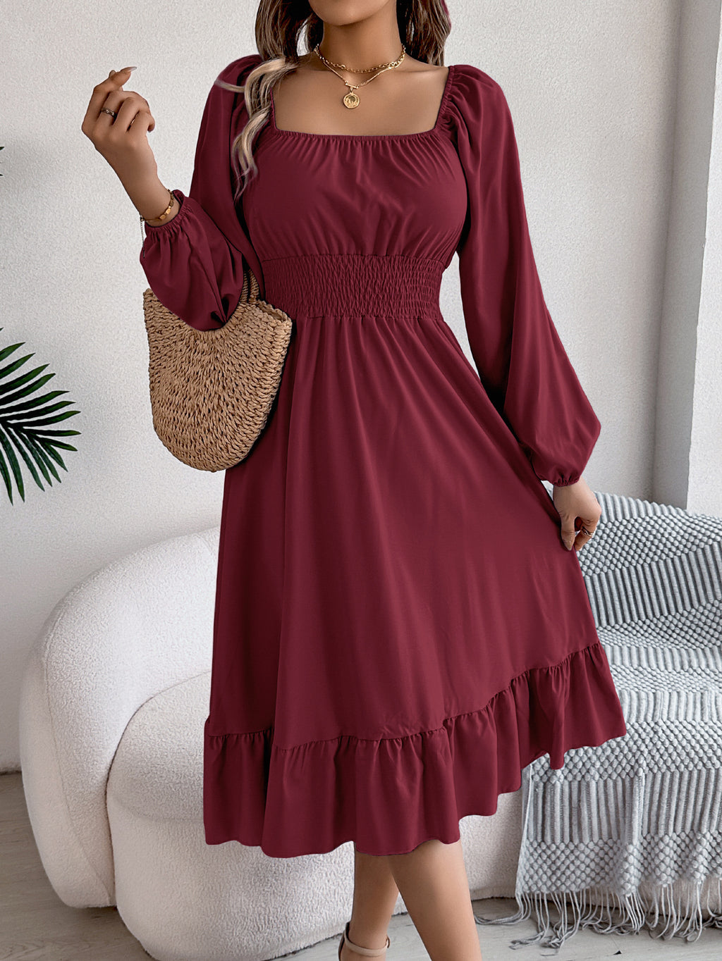 Square-Neck Ruffle A-Line Dress