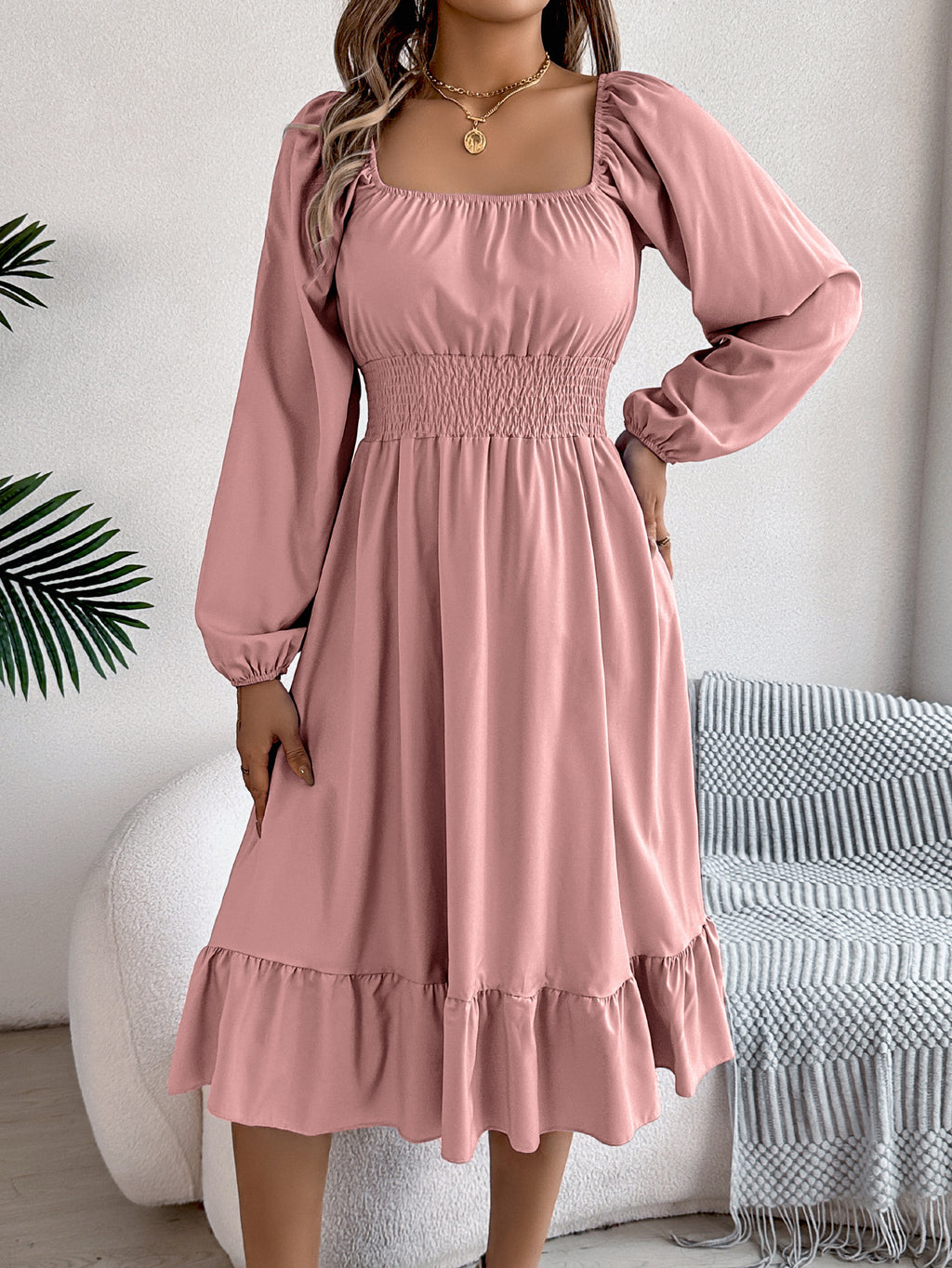 Square-Neck Ruffle A-Line Dress