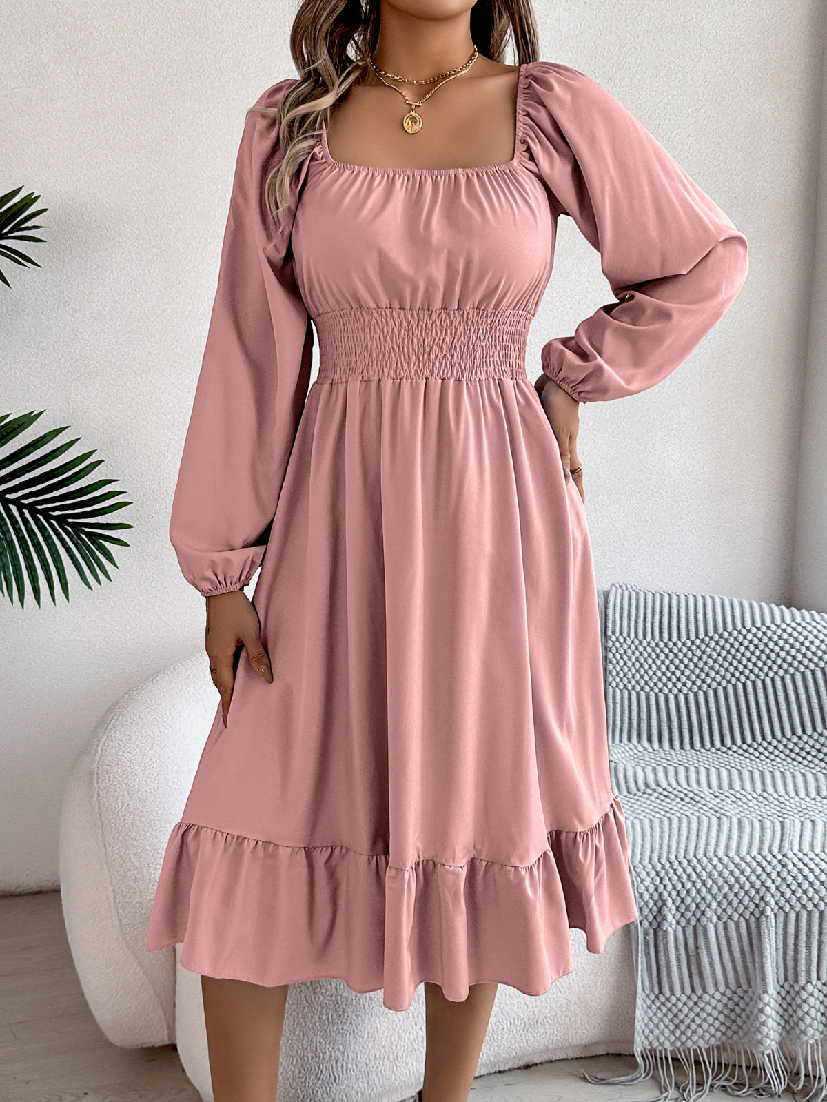 Square-Neck Ruffle A-Line Dress