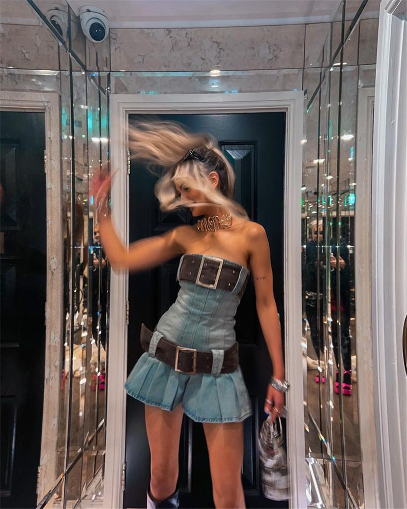 Pleated Denim Bandeau Dress with Belt
